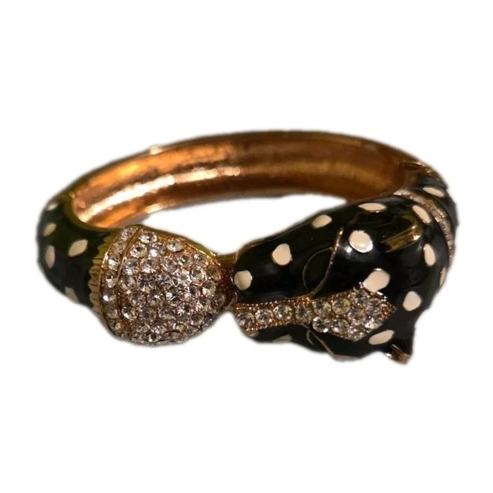 Panther Head Hinged Cuff Bracelet Black White Polka Dot Enamel Rhinestone Gold